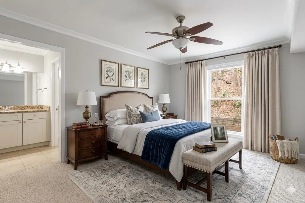 Primary bedroom is at the back of the home and overlooks the wooded area
