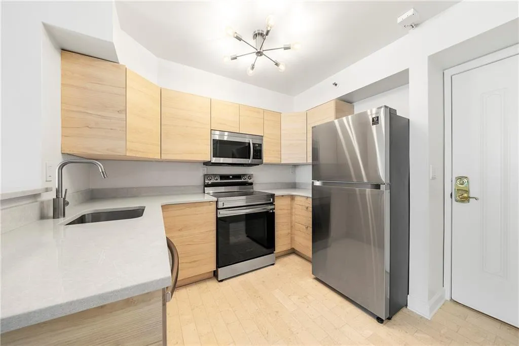 Kitchen featuring a stainless steel appliance package, light wood-finish cabinetry, light-toned countertops, and a contemporary ceiling fixture