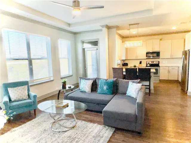 Living room featuring wood-type flooring, ceiling fan, and a raised ceiling