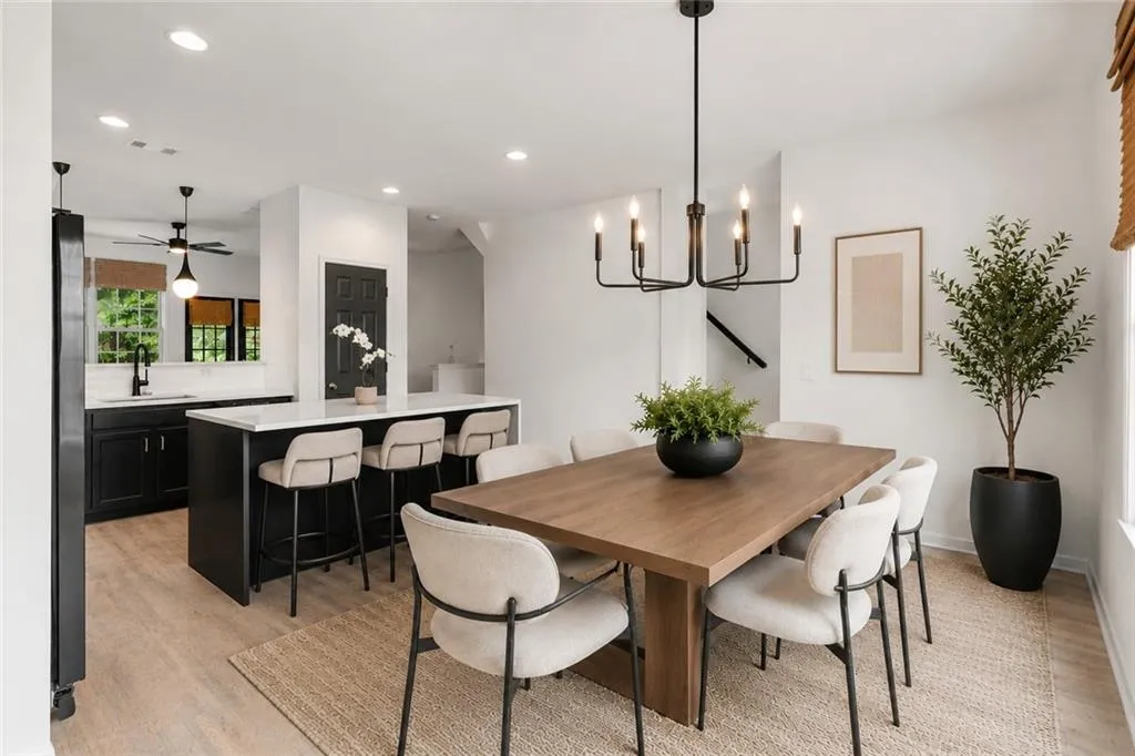 AI generated image of dining room with furniture and design details added.