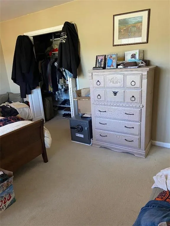 Bedroom with light carpet and a closet