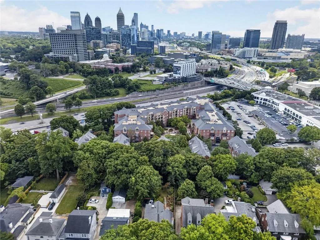 Aerial perspective showcasing a vibrant urban landscape with a prominent downtown skyline