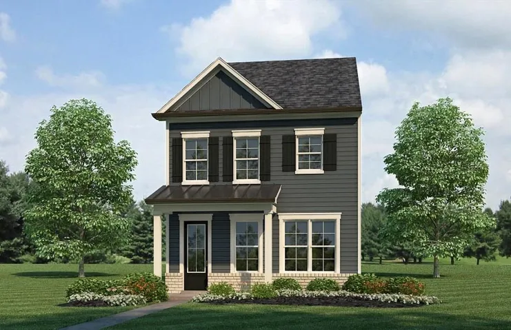 Two-story residence featuring a dark-toned facade, white trim, and a prominent front gable