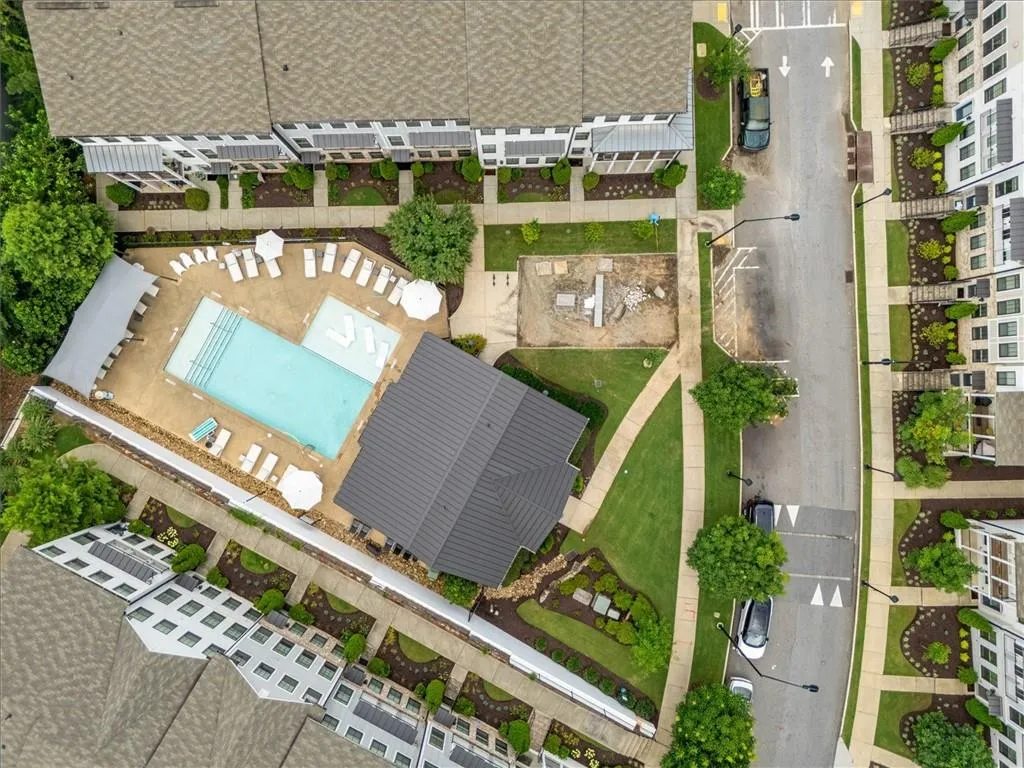 Drone / aerial view of a pool area
