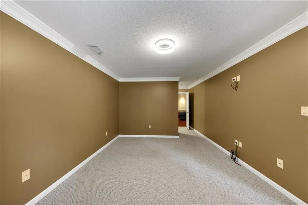 Carpeted empty room with ornamental molding and a textured ceiling