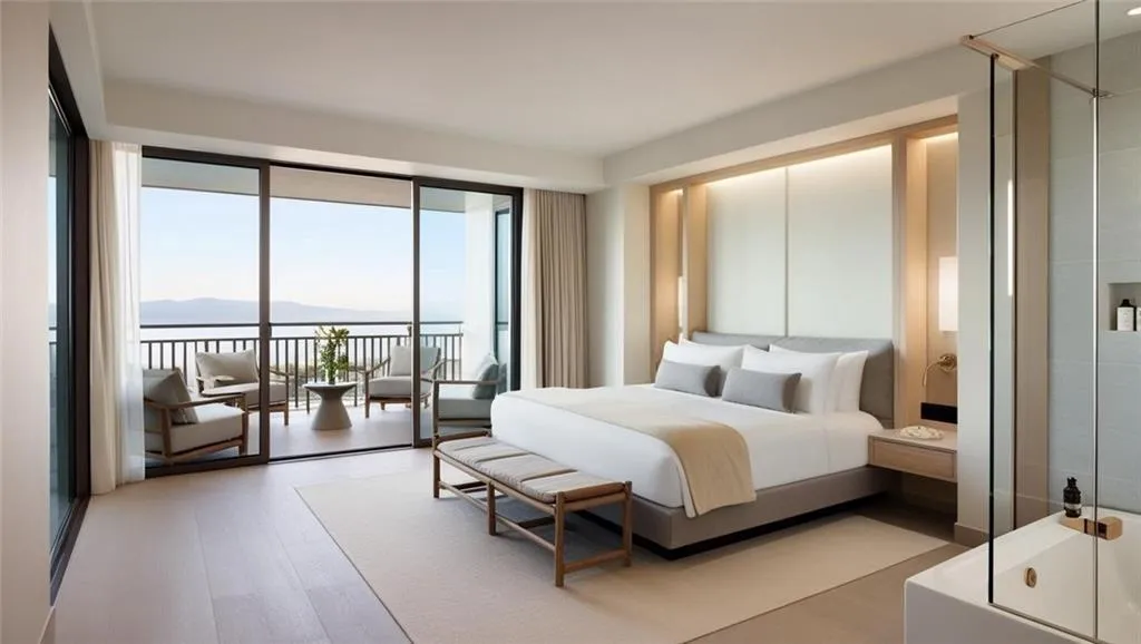 Bedroom with light wood-style floors, access to exterior, and a mountain view