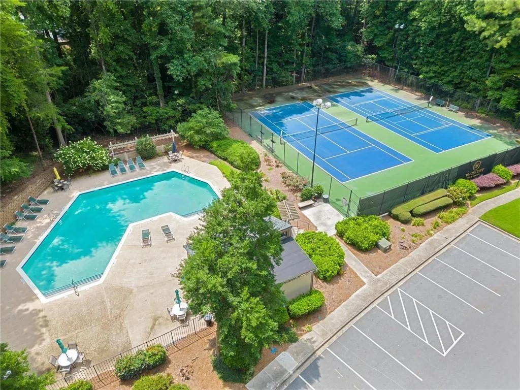 Drone / aerial view of a pool