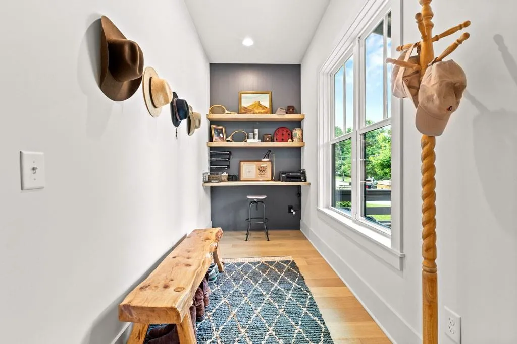 Office nook with wood shelving