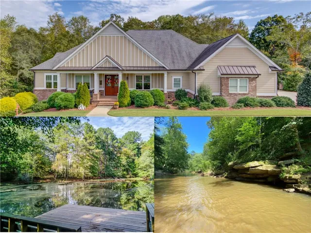 Real Estate Listing Photos. Images displaying the property's exterior, a body of water with a dock, and a river