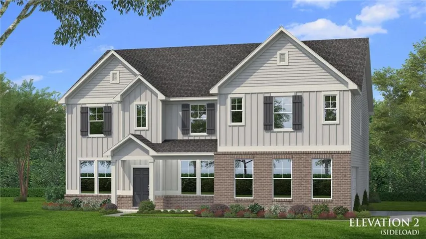Two-story exterior featuring a prominent gabled roofline, mixed material facade with brick and vertical siding, dark shutters, and a covered entry