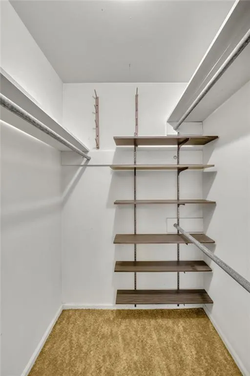 Walk in closet featuring light colored carpet