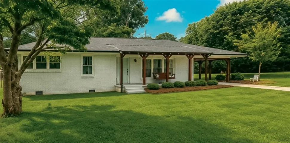 White-painted brick exterior with dark shingle roofing