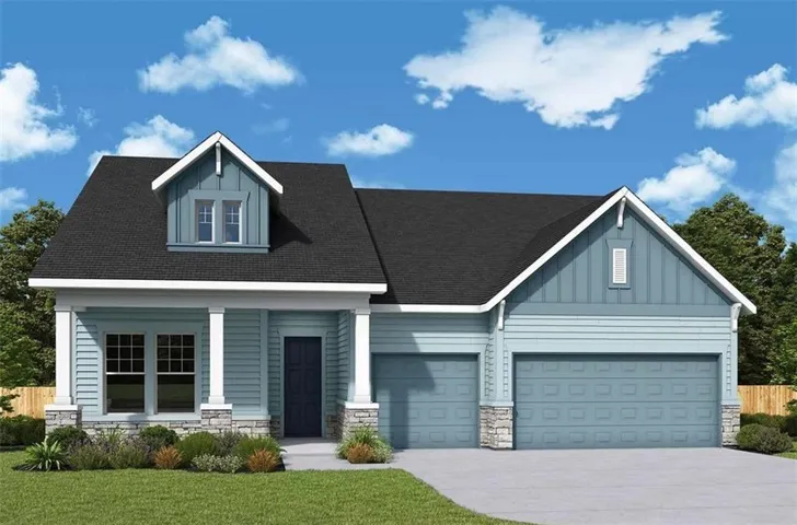 Craftsman-style exterior with blue siding, dark roof shingles, an integrated two-car garage, stone accents, and a front dormer