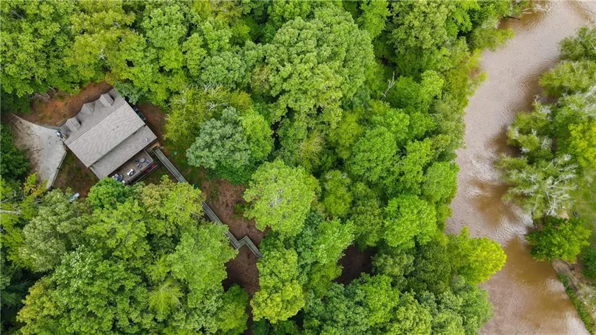 Secluded wooded property featuring a single-family residence with a substantial roofline, an expansive deck, a winding boardwalk, and convenient river access