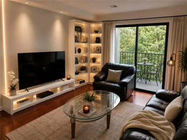 Hardwood-finish flooring, built-in shelving with integrated lighting, recessed ceiling lights, and a private balcony with a metal railing