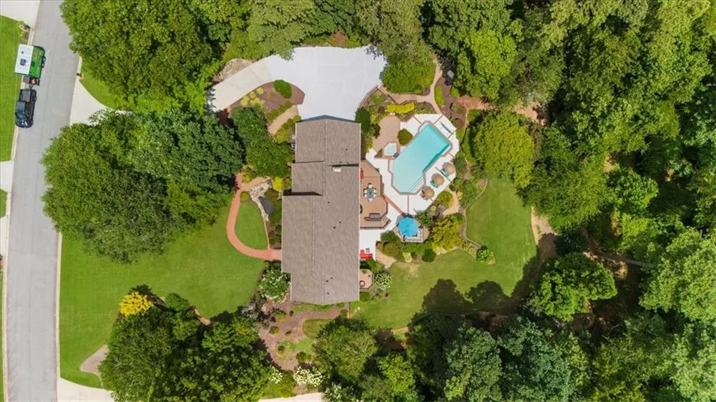 Drone / aerial view of a pool area
