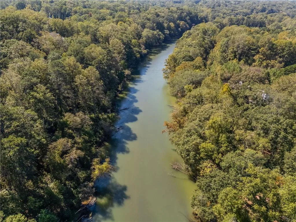 Drone / aerial view of a nearby body of water and a forest
