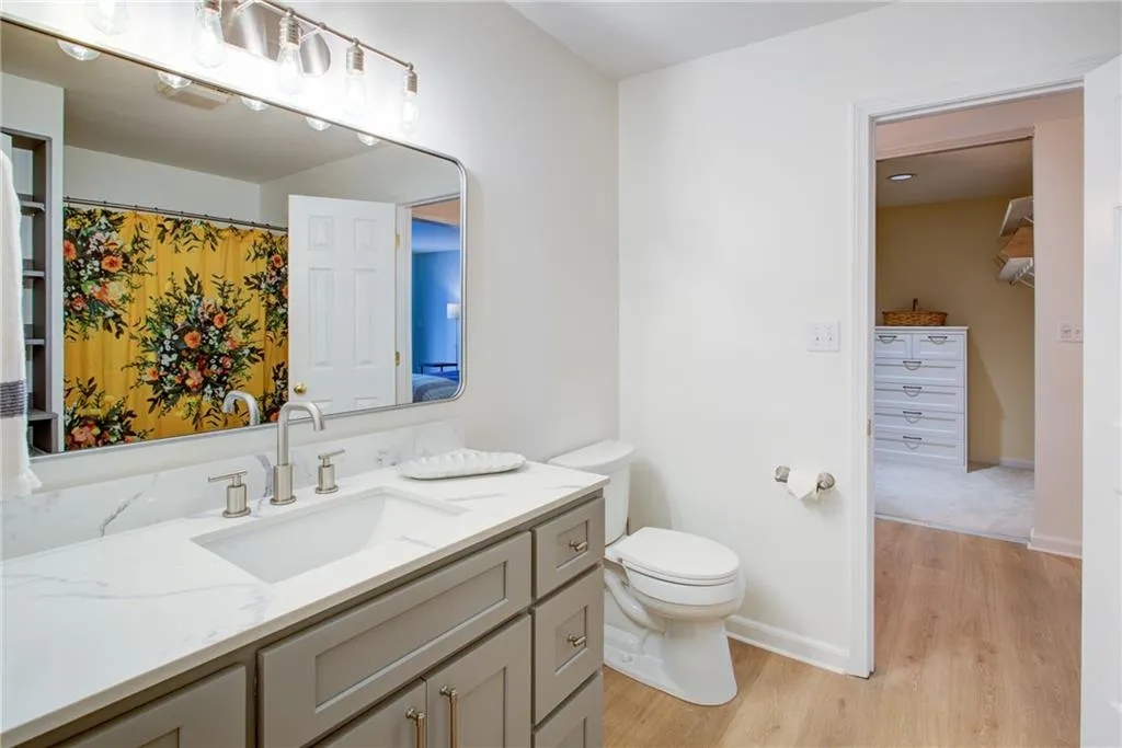 Bathroom with wood finished floors and vanity