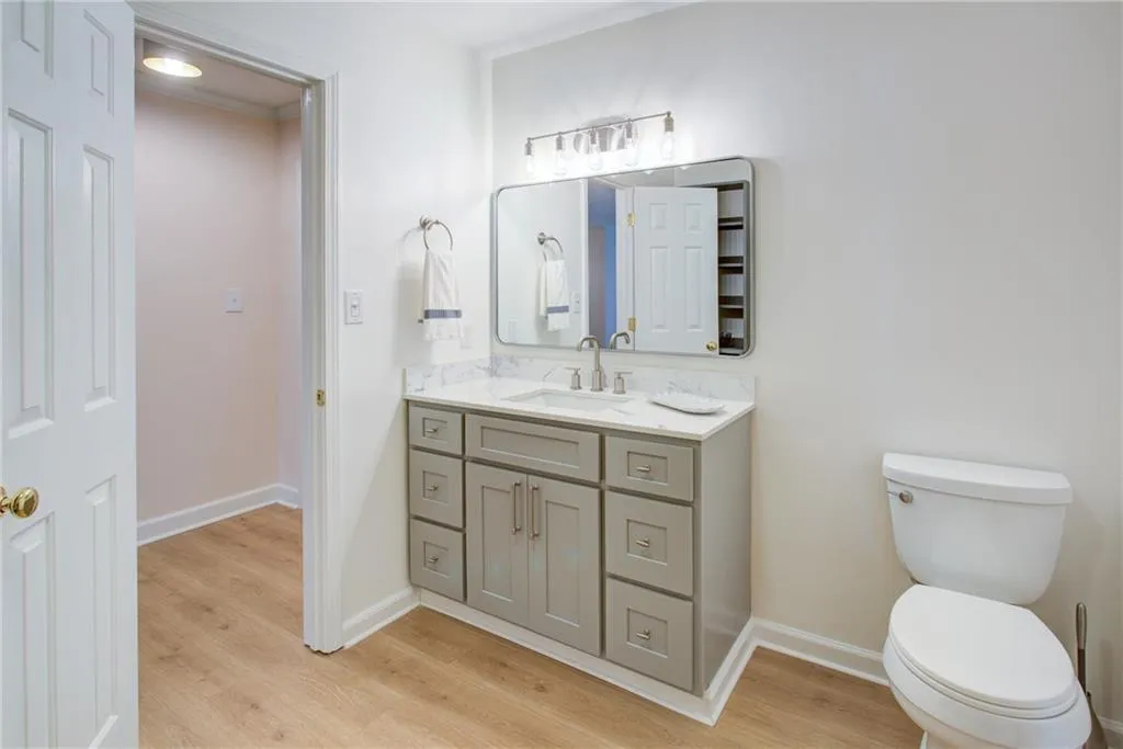 Bathroom featuring wood finished floors and vanity