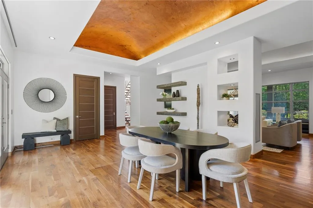American Black Walnut floors. Copper leaf in ceiling.