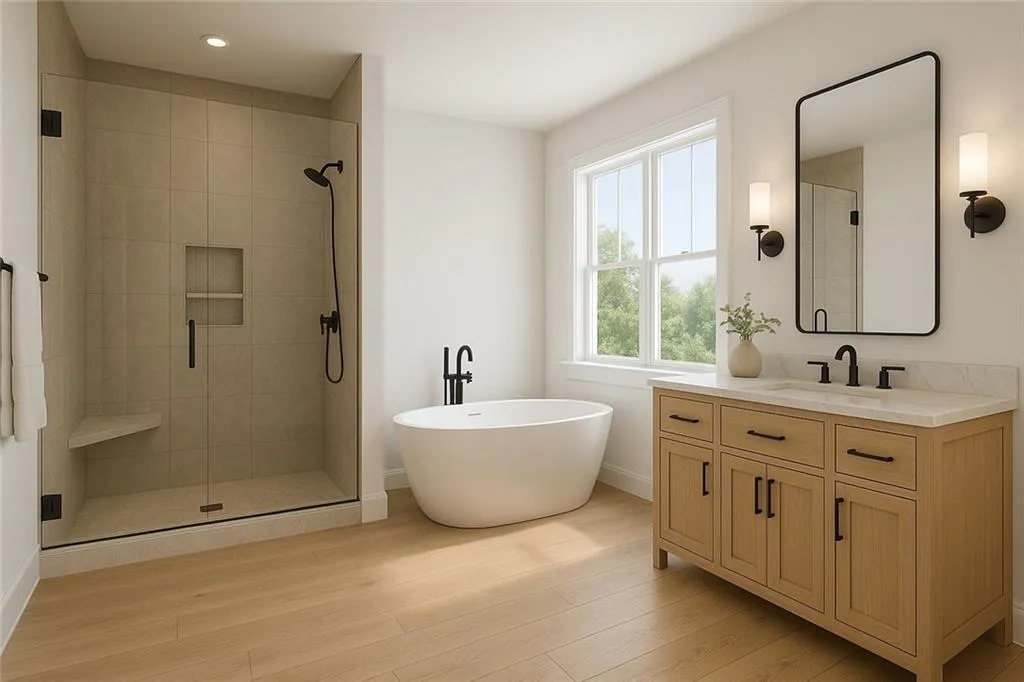 Full bathroom with a shower stall, a soaking tub, vanity, light wood-style flooring, and recessed lighting