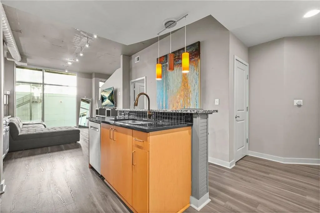 Kitchen featuring decorative light fixtures, dark wood-style floors, dark stone counters, open floor plan, and track lighting Kitchen featuring decorative light fixtures, dark wood-style floors, dark stone counters, open floor plan, and track lighting