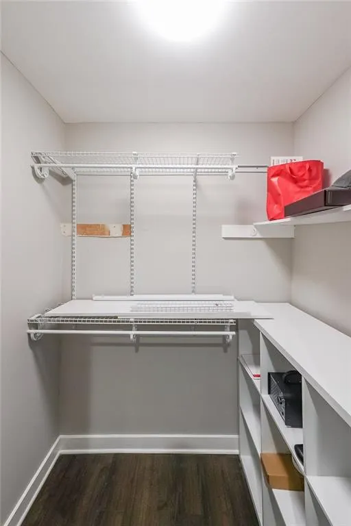 Walk in closet with dark wood-style floors