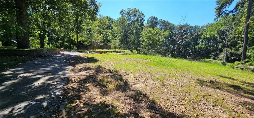 Expansive lot featuring mature trees, a sloped grassy area, and a paved driveway