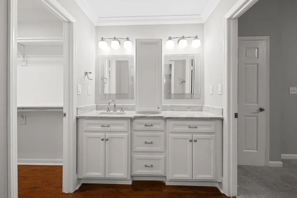 Bathroom with ornamental molding, vanity, and wood-type flooring