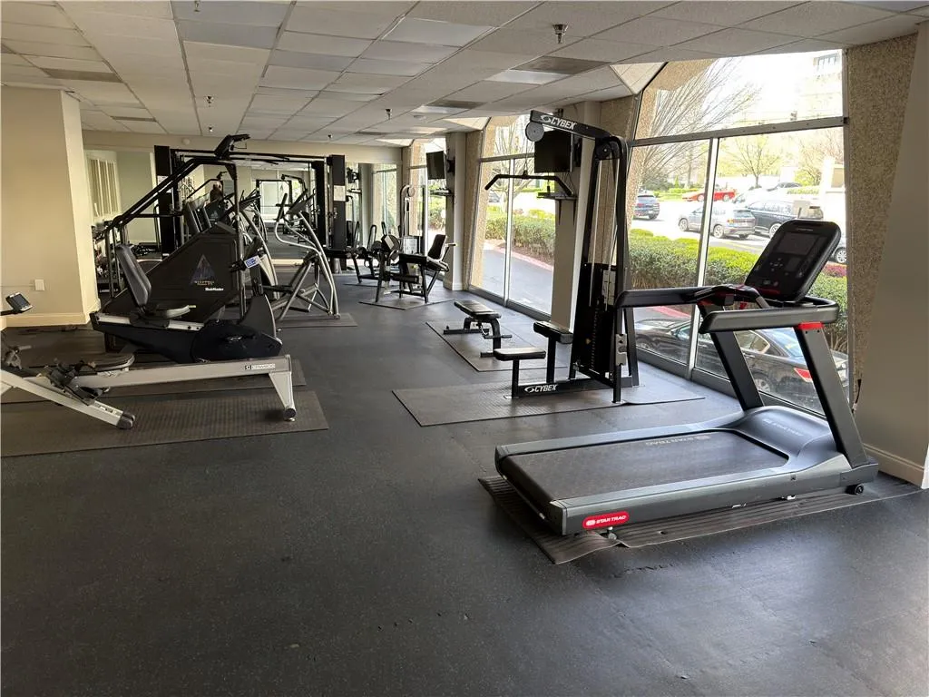 Gym with a drop ceiling and expansive windows