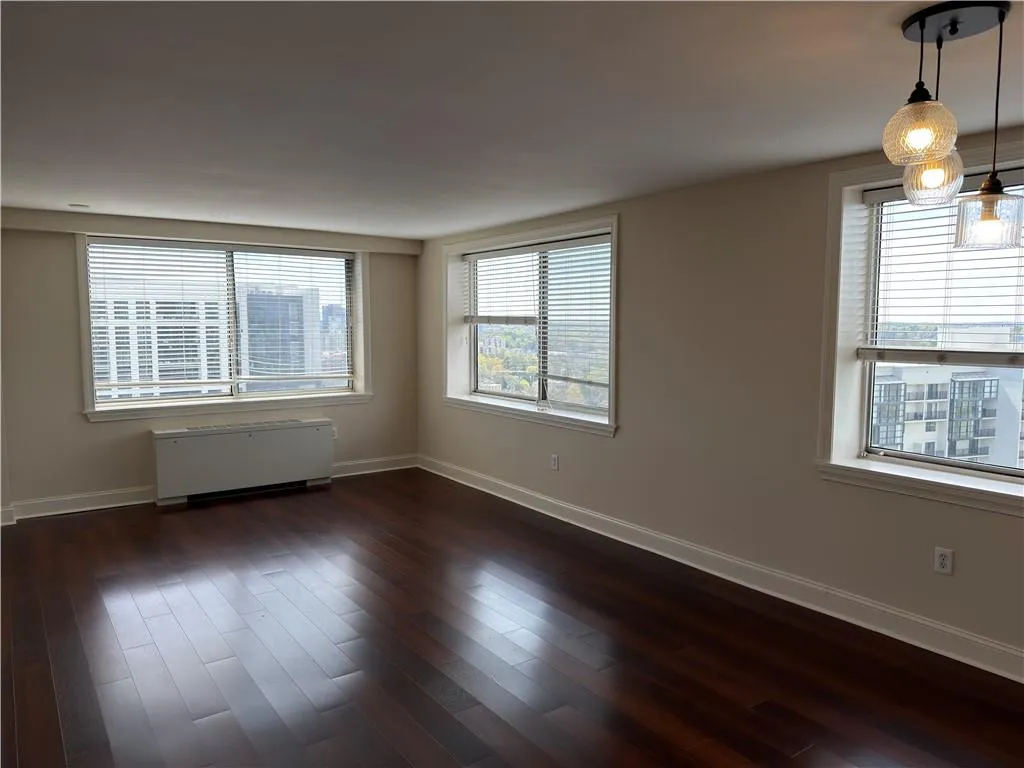 Unfurnished room featuring radiator heating unit, dark wood-style floors, and plenty of natural light