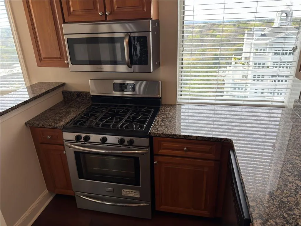 Kitchen with stainless steel appliances, wood finish cabinets, dark stone countertops, and plenty of natural light