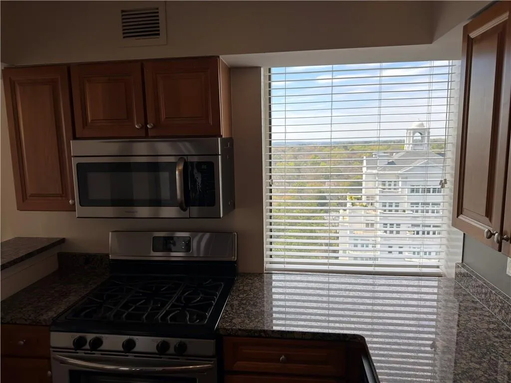 Kitchen with stainless steel appliances, dark stone countertops, and wood finish cabinets