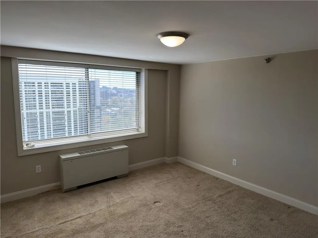 Empty room with light colored carpet and radiator heating unit
