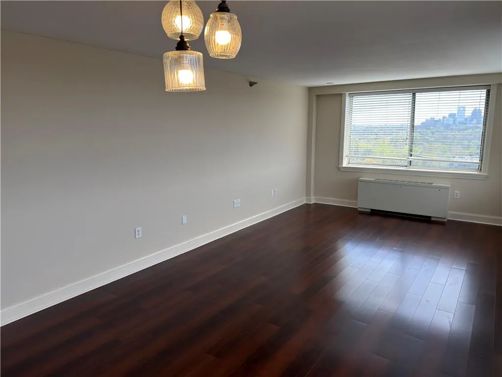 Unfurnished room with radiator heating unit and dark wood-type flooring
