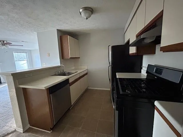 Kitchen with gas stove, sink, white cabinetry, dishwasher, and ceiling fan