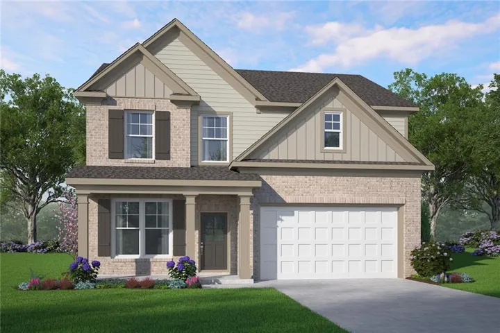 Two-story residence featuring brick and siding facade, covered front porch with columns, and an attached two-car garage