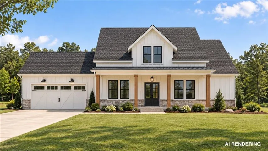 White board-and-batten siding with stone veneer accents