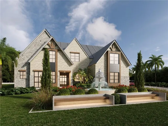 Stone and brick exterior with a dark metal roof