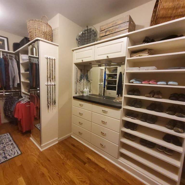 Walk in closet with hardwood / wood-style floors