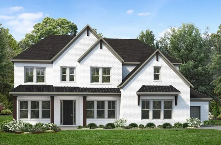 Two-story residence featuring a white brick exterior, dark asphalt shingle roof, dark wood-finish columns, and dark window trim