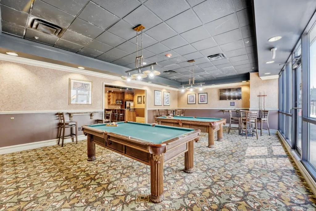 Playroom featuring a wainscoted wall, pool table, a paneled ceiling, recessed lighting, and wallpapered walls