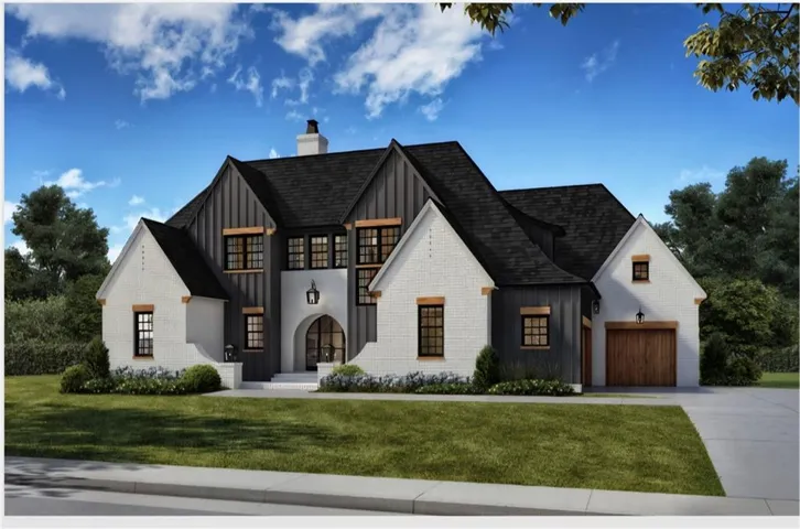 Modern Tudor-style exterior featuring white brick and dark vertical siding
