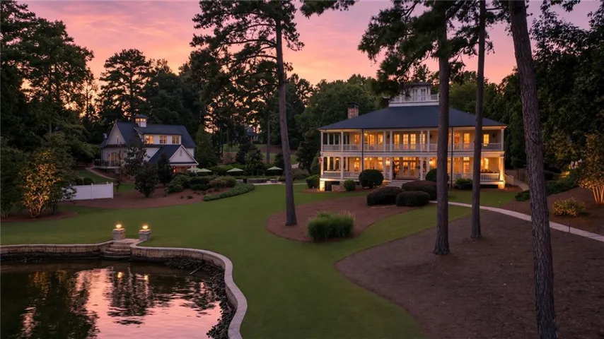 Expansive grounds featuring a main residence with a wrap-around porch and cupola, a separate structure, a water feature with stone edging, mature trees, and manicured lawns