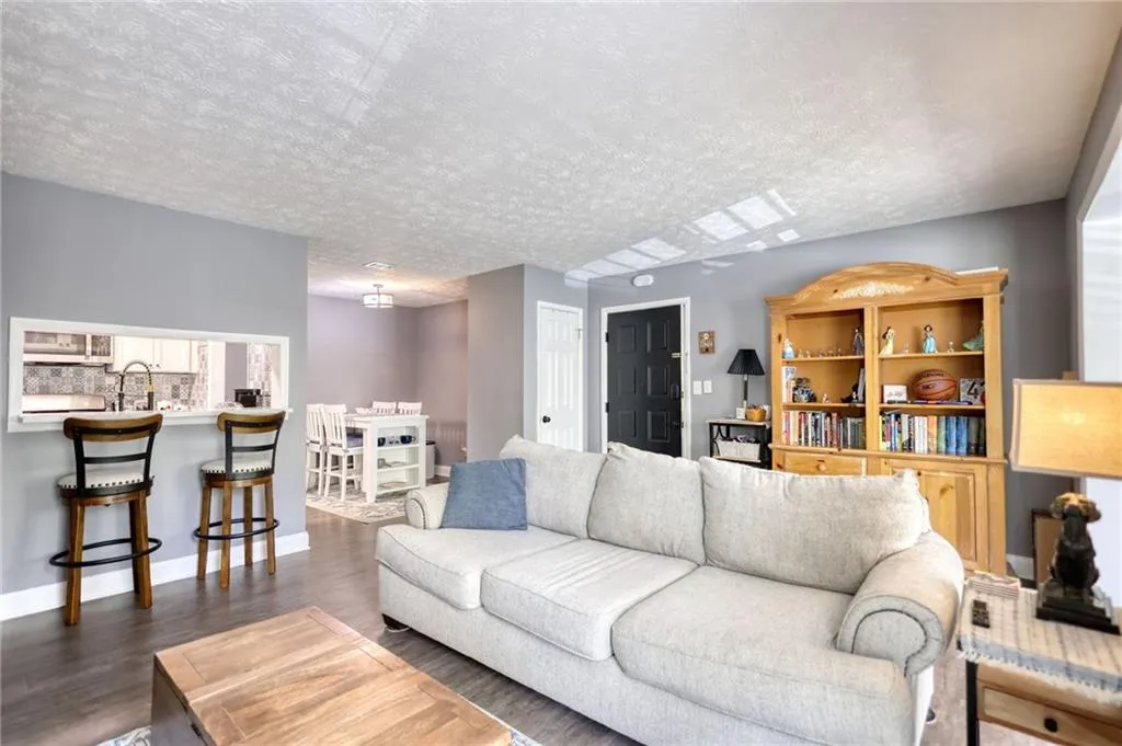Living area with dark wood-style floors and a textured ceiling