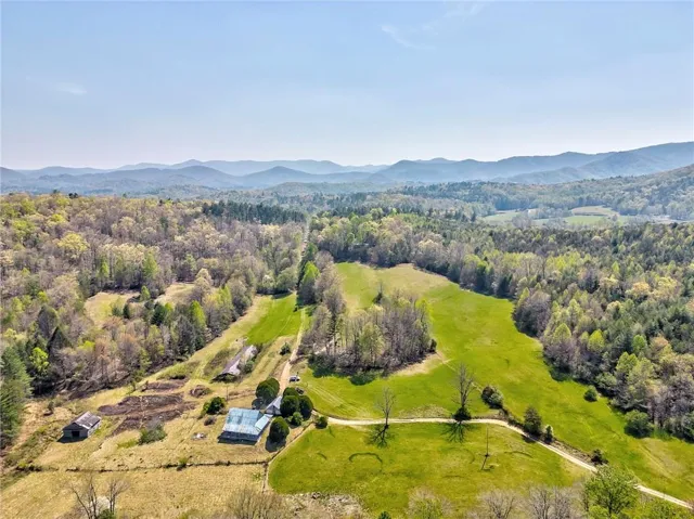 Drone / aerial view with a wooded view and a mountain view