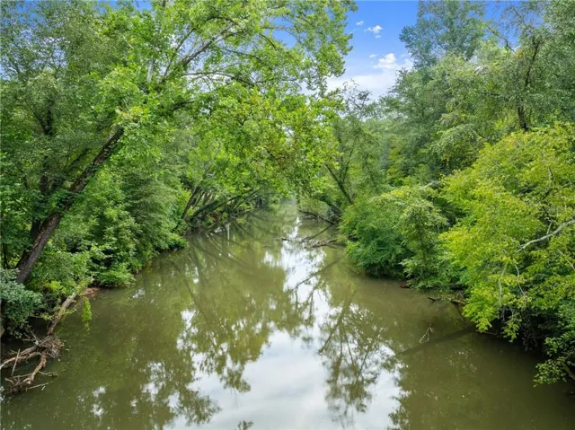 Winding waterway surrounded by dense, mature trees