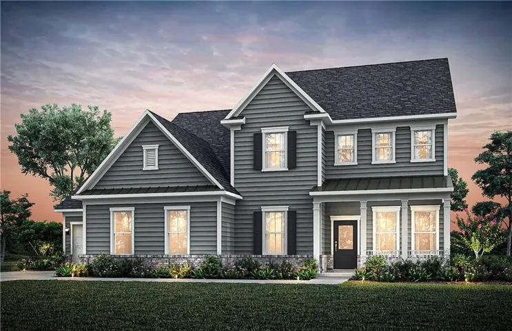Two-story residence featuring grey horizontal siding and a dark shingle roof