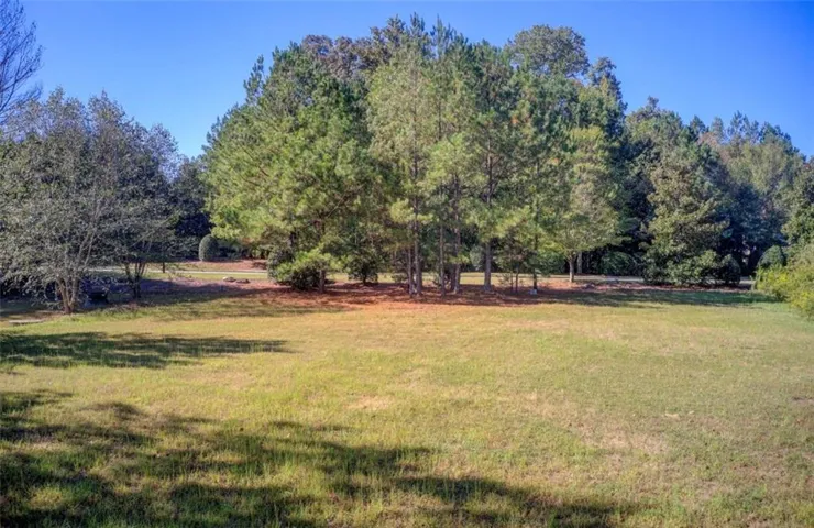 Expansive grassy lawn bordered by mature trees