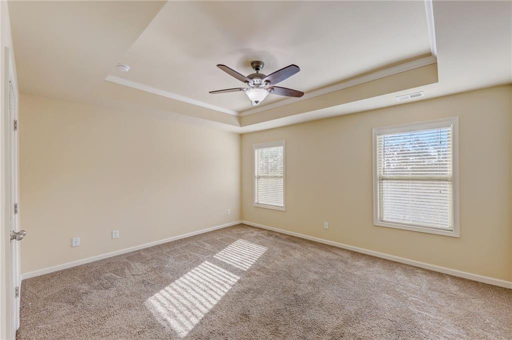 Carpeted empty room with a wealth of natural light, a tray ceiling, and ceiling fan